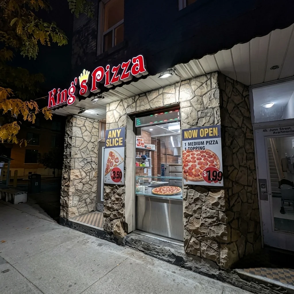 Kings Pizza And Wings storefront and counter at 85 John Street South in downtown Hamilton near Hamilton GO Centre