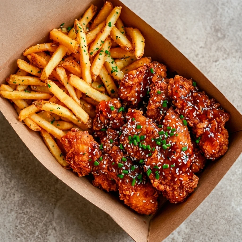 Kings Pizza And Wings takeout - large pepperoni pizza, crispy chicken wings and fries boxed for pickup in downtown Hamilton